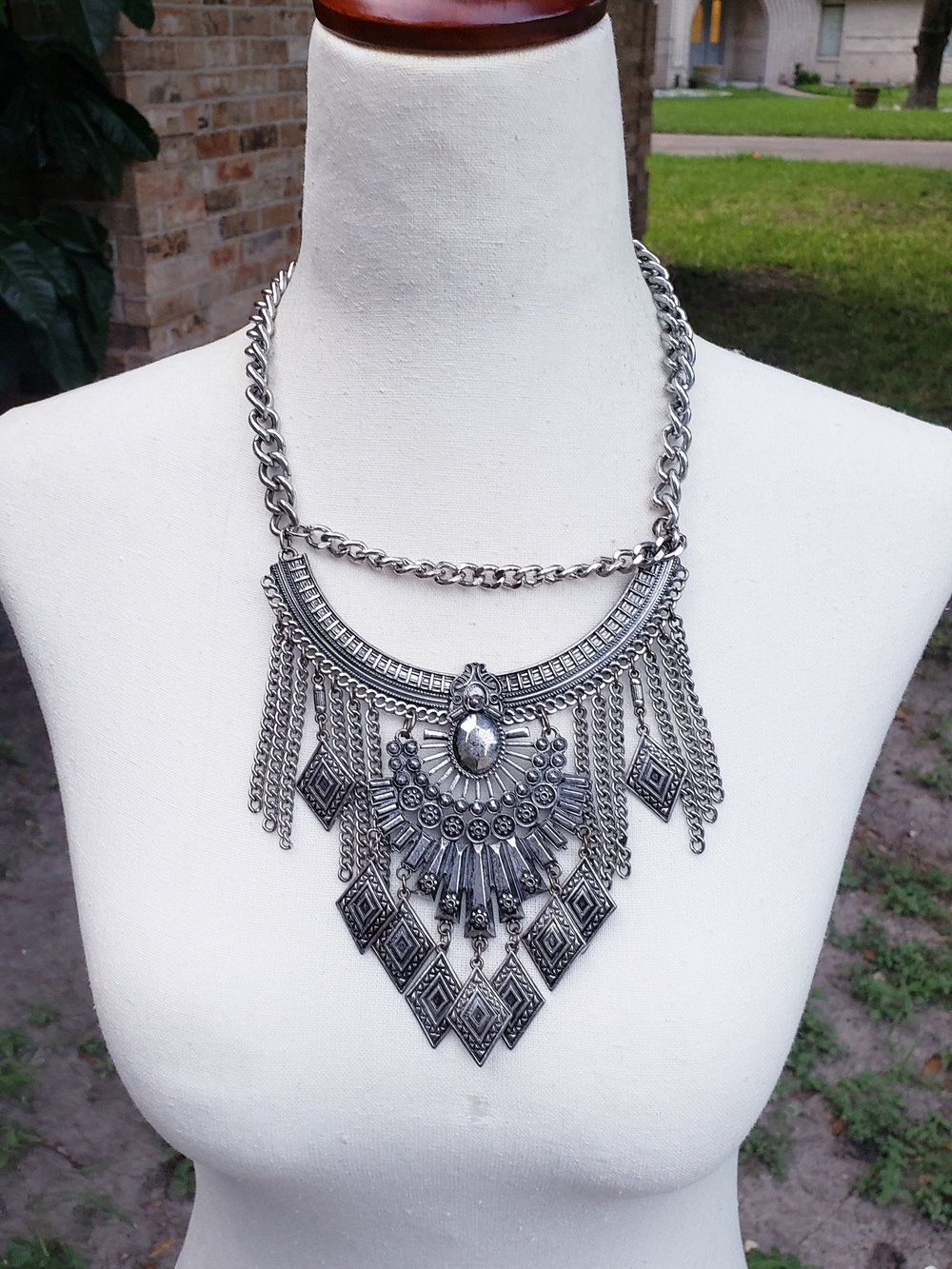 Silver-tone Tribal Statement Necklace